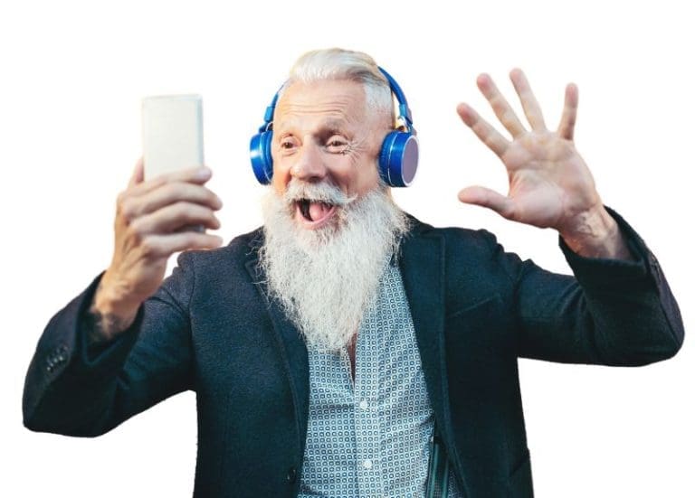 Senior Man Talking Smiling and Waving at Phone Screen