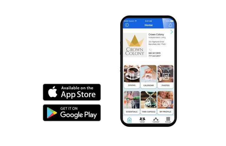 IPhone showing Engage app with app store and google play logos