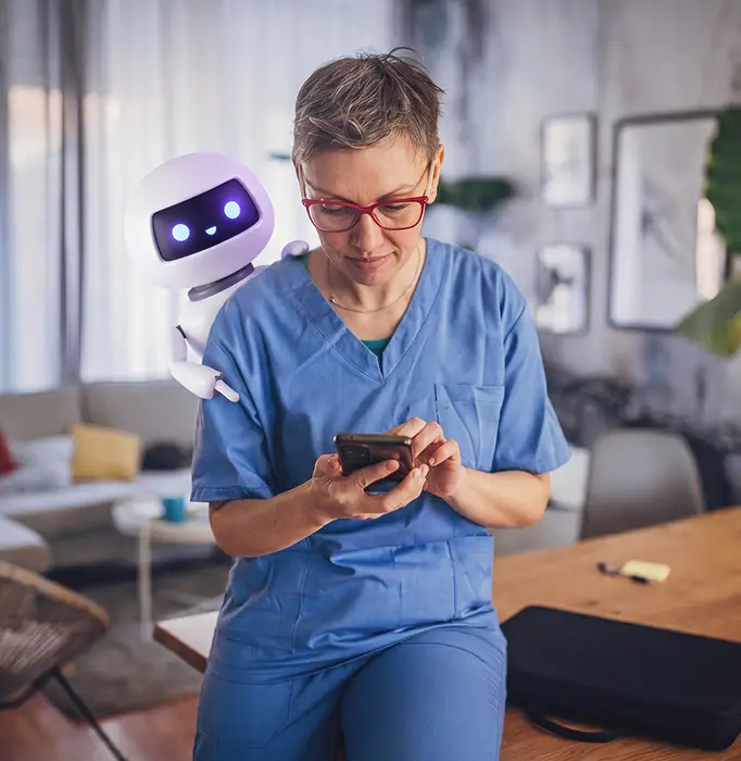 Senior caregiver using AI assistance