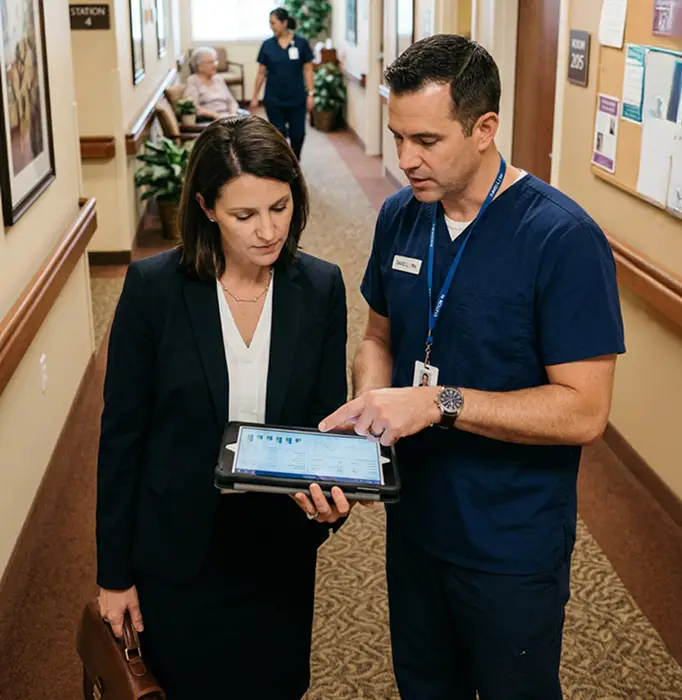 Senior living staff looking at ipad