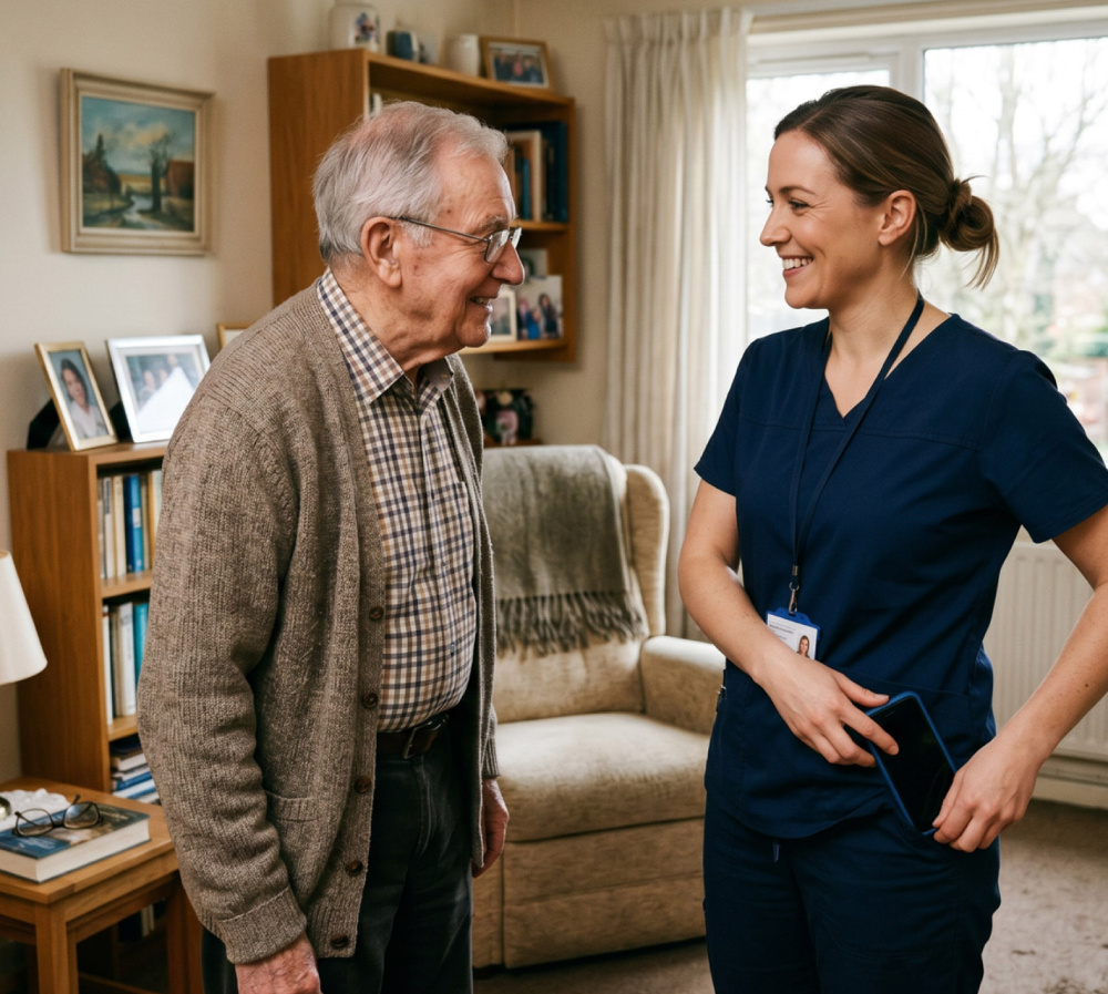 A caregiver and a senior resident sharing a friendly conversation in a comfortable living room setting.