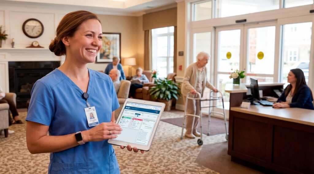 Healthcare worker in blue scrubs holding a tablet with dashboard in senior living community lobby with residents and receptionist visible
