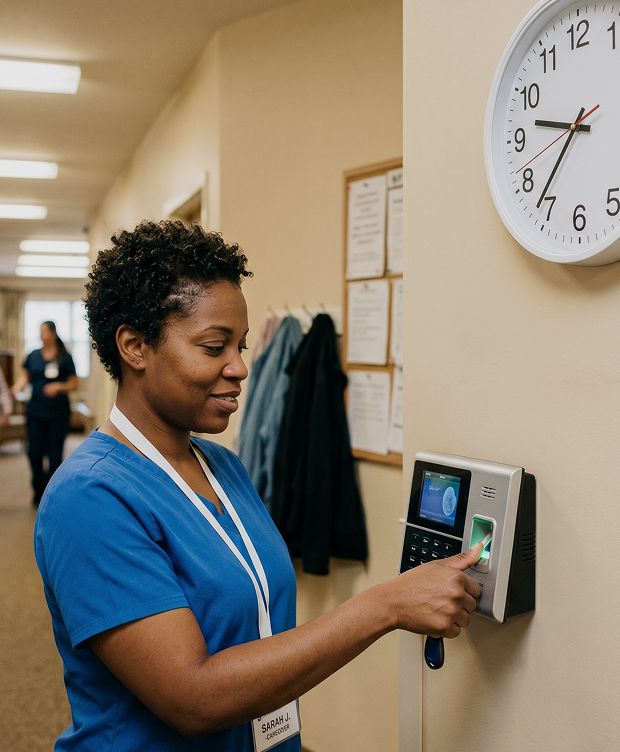 Healthcare worker using a biometric fingerprint scanner in a hallway with a clock above it.