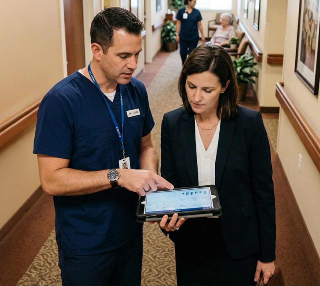 Healthcare staff and administrator reviewing data on a tablet in senior living community hallway.