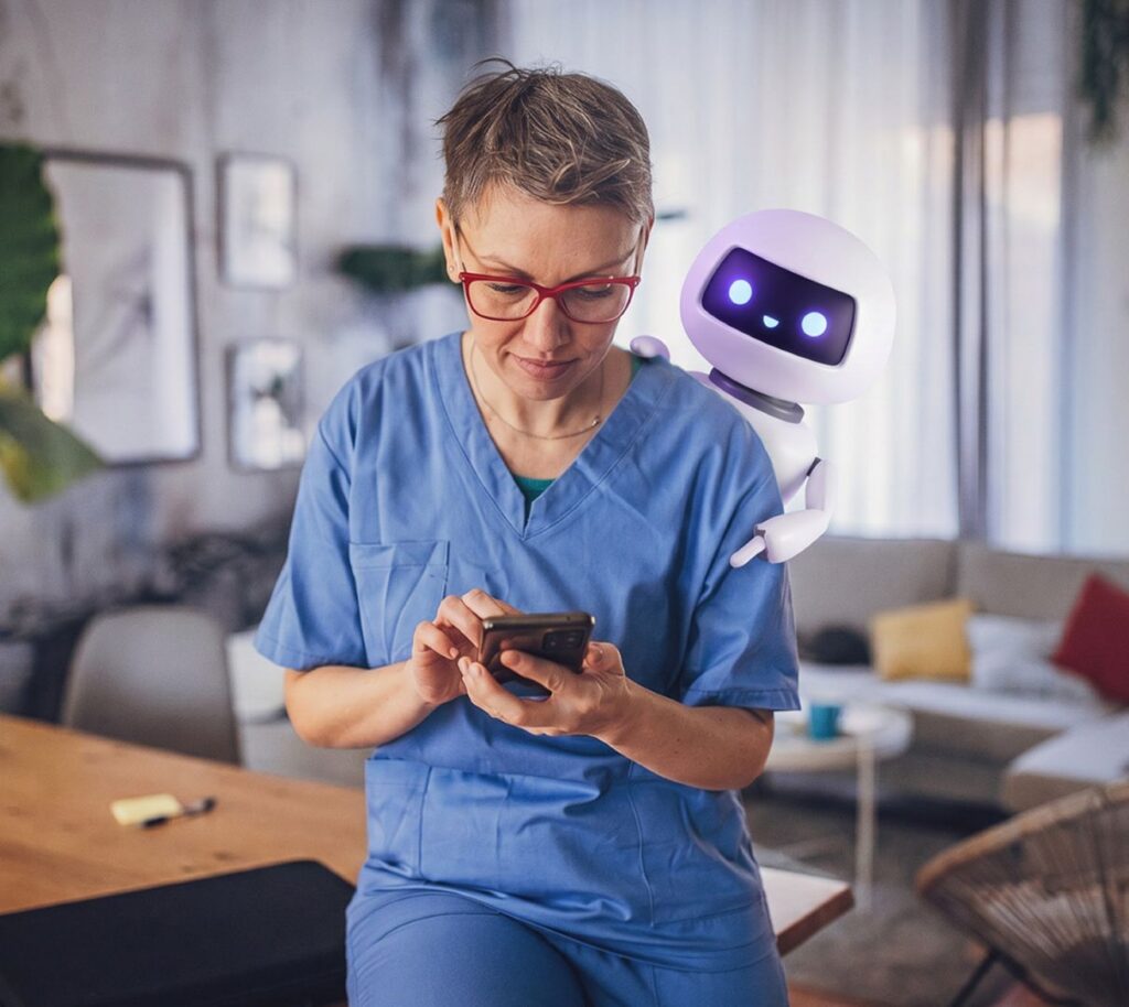 Person in scrubs using smartphone with a small robot hovering nearby in a living room environment.