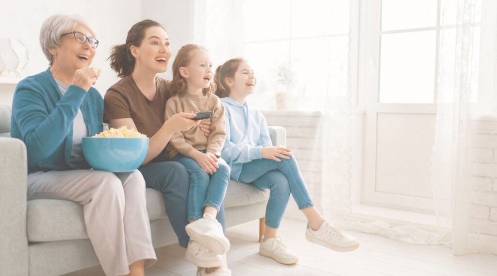Four females, including an older woman, two adults, and one child, sitting on a couch enjoying watching TV and sharing popcorn in a bright living room.