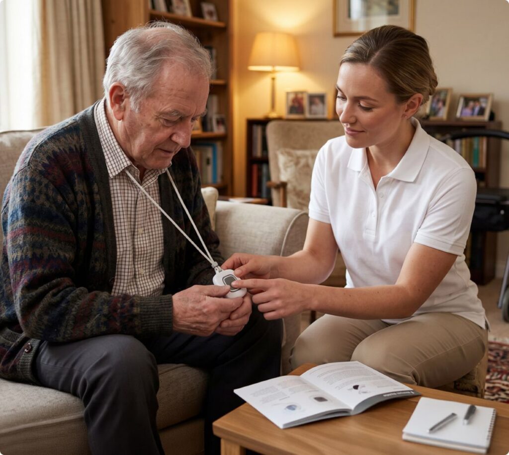 Woman assisting an older man with a wearable medical alert device in a living room setting.