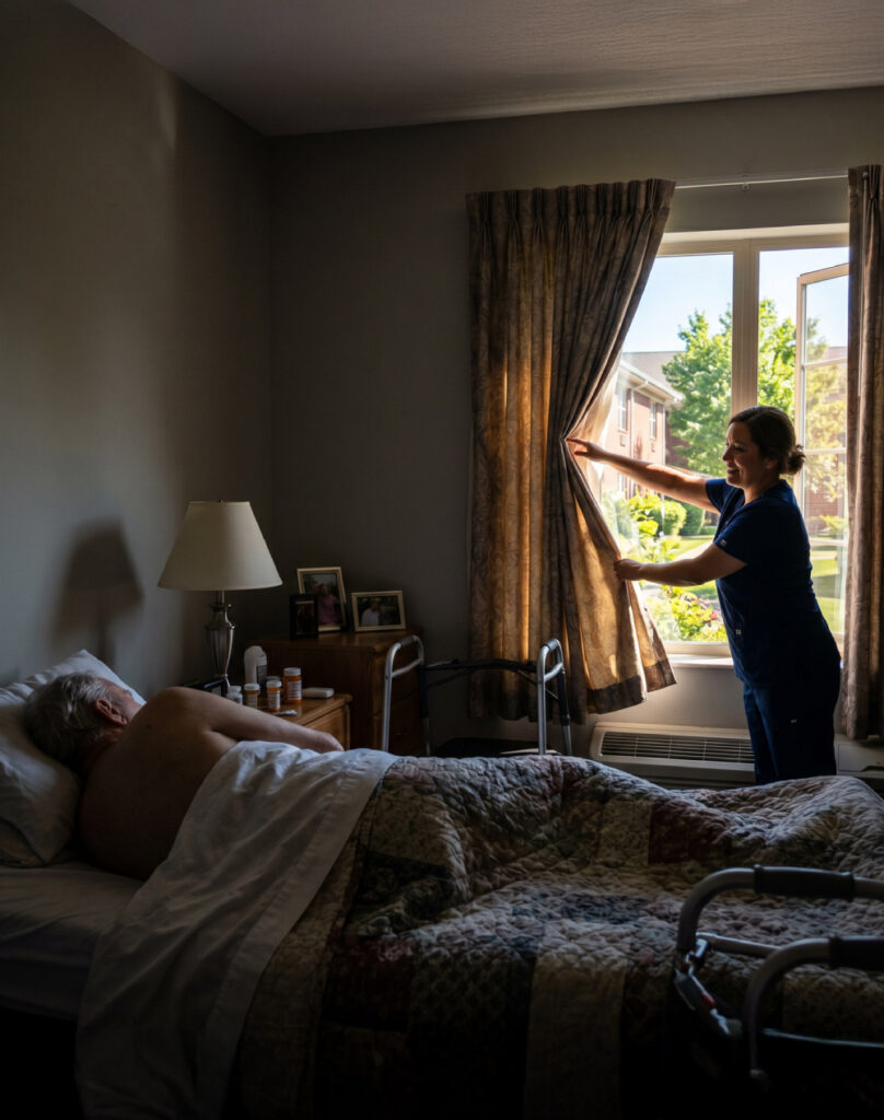 Caregiver opening curtains in a senior living bedroom while resident rests in bed.