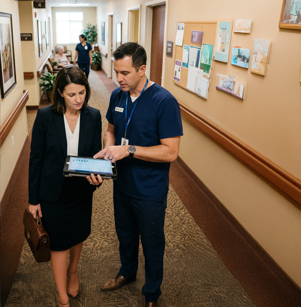 Healthcare worker and business professional reviewing information on a tablet in a senior living community hallway with a seated resident in the background.