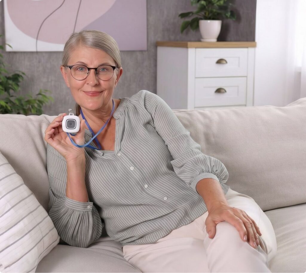 Smiling older woman sitting on a sofa, holding a personal emergency response device on a lanyard.