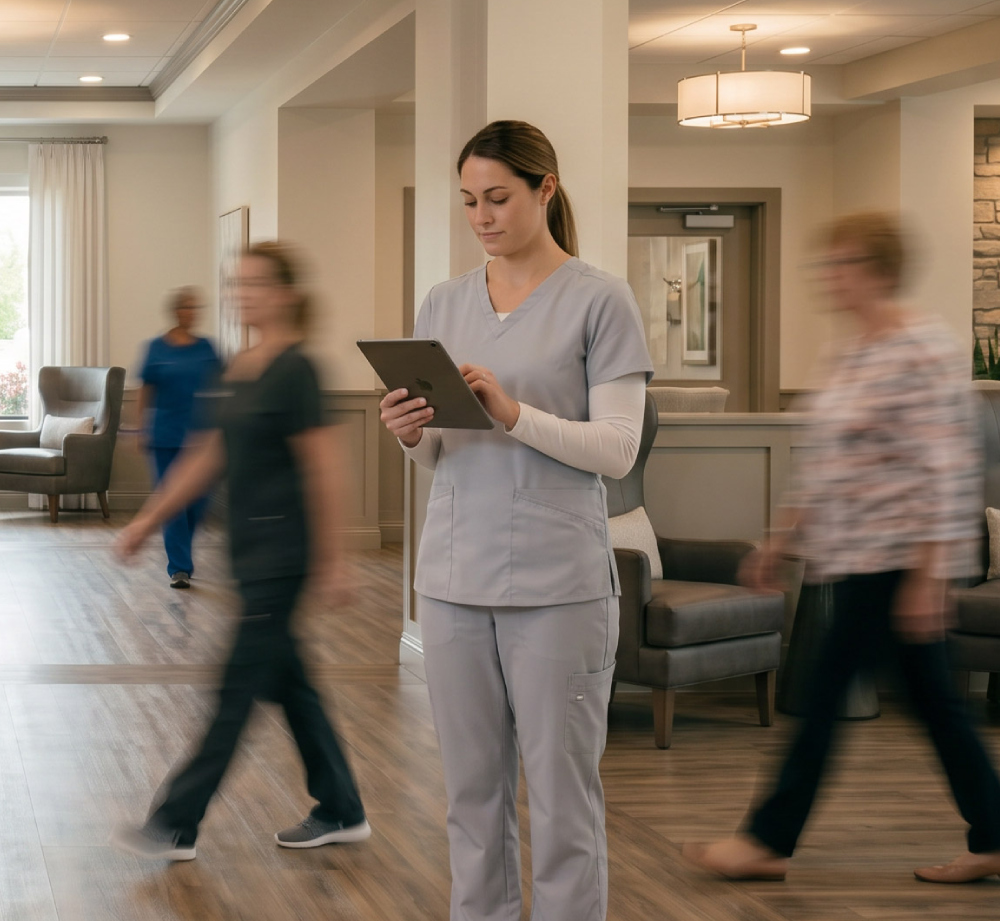 Healthcare staff member in scrubs using a tablet in a senior living community lobby with blurred figures walking nearby.