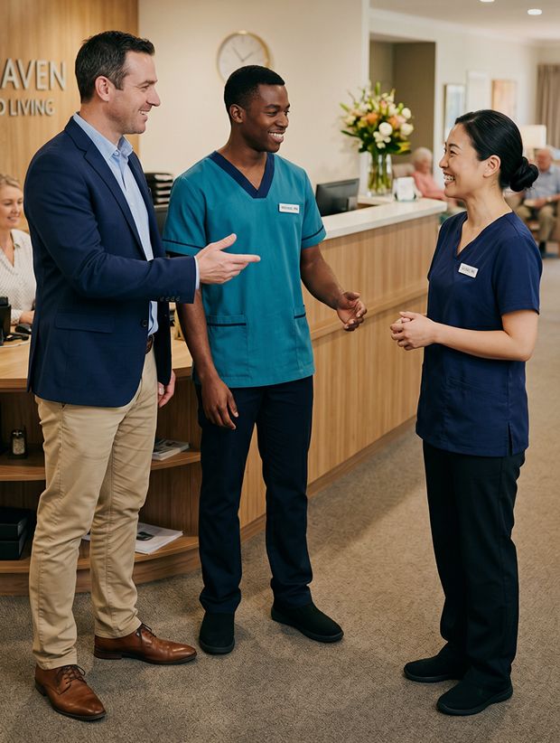 Three staff members engaged in conversation near the reception desk in a senior living community lobby area.