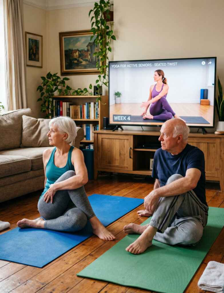 Two seniors practicing a seated twist yoga pose indoors following a workout video on television.
