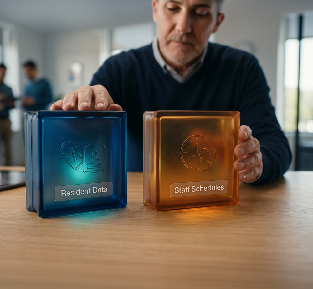 Man holding translucent blocks labeled Resident Data and Staff Schedules at a wooden table in an office setting.