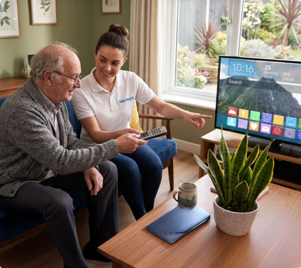 A caregiver assists a resident using a remote control to operate a smart TV in a comfortable living room setting.