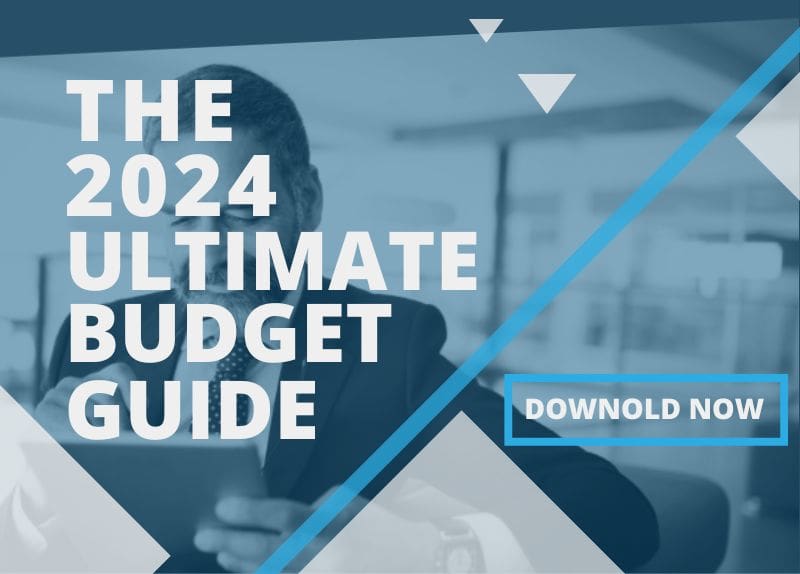 Office scene with a person working on a laptop behind promotional text for a 2024 budget guide.
