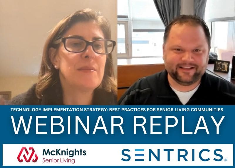 Two professionals engaging in a webinar discussion about technology implementation strategies for senior living communities with Sentrics and McKnights Senior Living branding.
