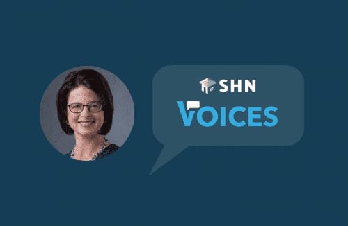 Portrait of a woman smiling with SHN Voices logo in a speech bubble on blue background.