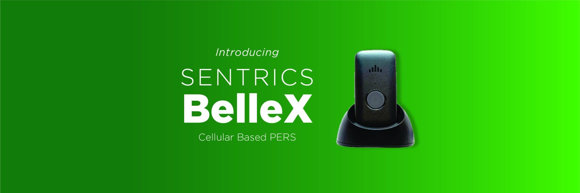 Sentrics BelleX cellular-based personal emergency response system device on a charging dock with a green background.
