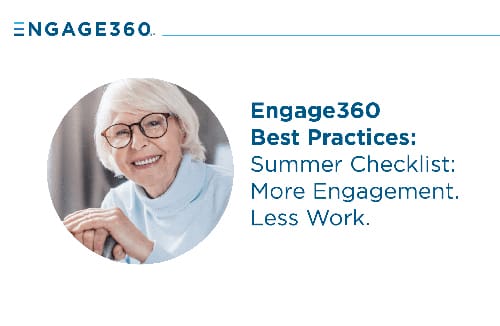 Smiling senior woman with glasses resting on a cane next to text about summer engagement best practices.