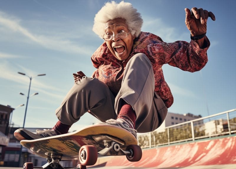 An elderly person skateboarding energetically on a ramp in a skate park under clear sky.