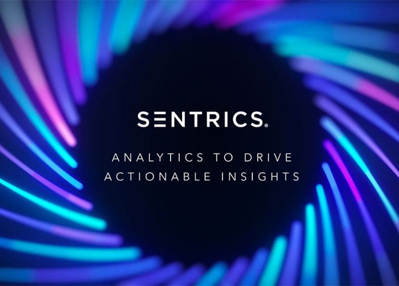 Sentrics brand logo with analytics message surrounded by vibrant circular blue and purple light patterns on dark background.