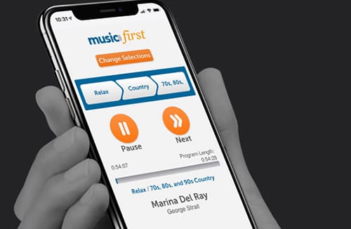 Hand holding smartphone showing music player app with pause and next controls and music genre options.