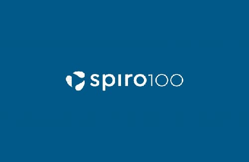 White spiro100 logo on blue background