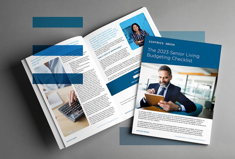 Corporate brochure and booklet for Sentrics senior living with budgeting checklist and images of a businessman using a tablet and a person calculating with a calculator.