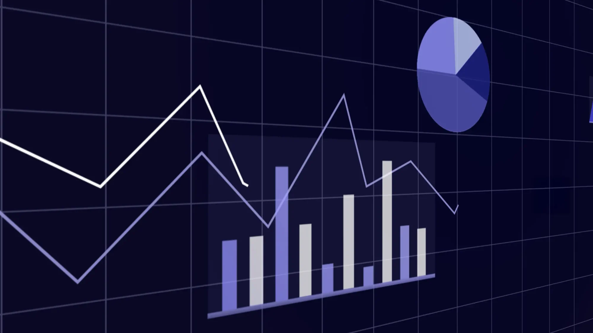 Digital screen showing line graph, bar chart, and pie chart with dark grid background, illustrating data trends.