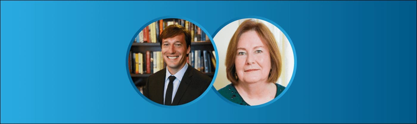 Corporate portrait photos of a man and a woman in circular frames with a blue background.