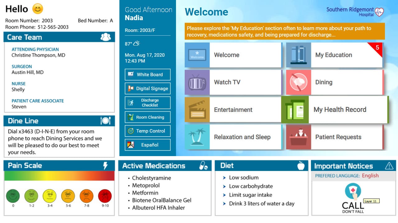 Digital hospital room interface displaying patient details, care team, dining contact, pain scale, medications, diet instructions, notices, and a welcome menu with health education and amenities options.