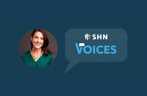 Portrait of a professional woman next to a speech bubble graphic with text SHN Voices on blue background.