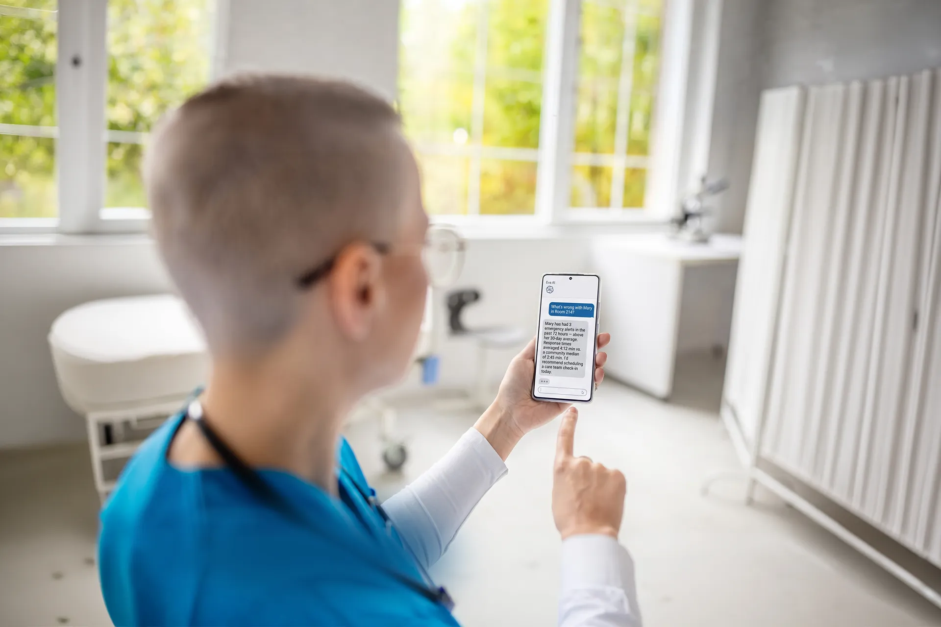 Caregiver nurse interacting with smart phone app